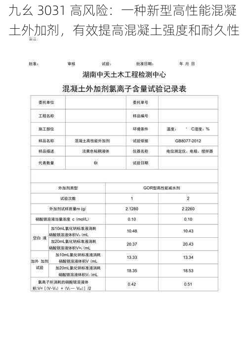 九幺 3031 高风险：一种新型高性能混凝土外加剂，有效提高混凝土强度和耐久性