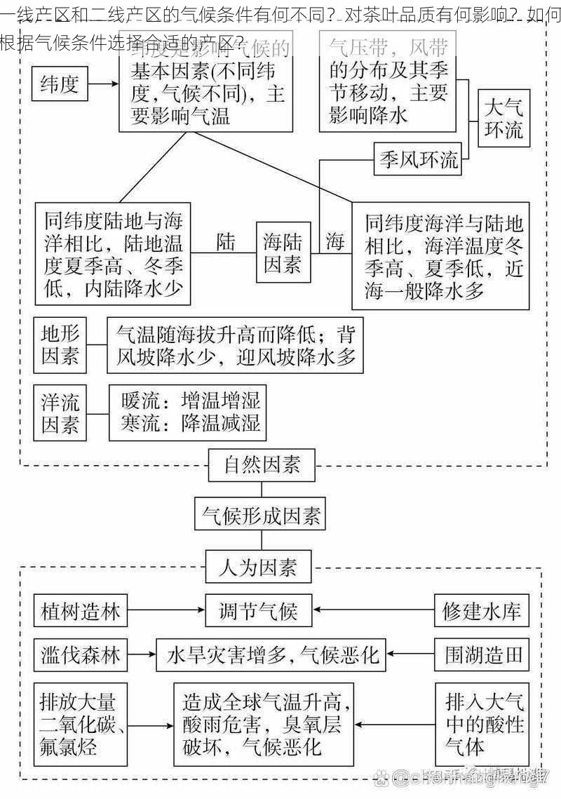 一线产区和二线产区的气候条件有何不同？对茶叶品质有何影响？如何根据气候条件选择合适的产区？