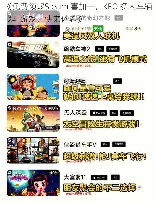 《免费领取Steam 喜加一，KEO 多人车辆战斗游戏，快来体验》