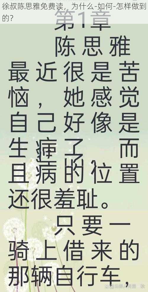 徐叔陈思雅免费读，为什么-如何-怎样做到的？